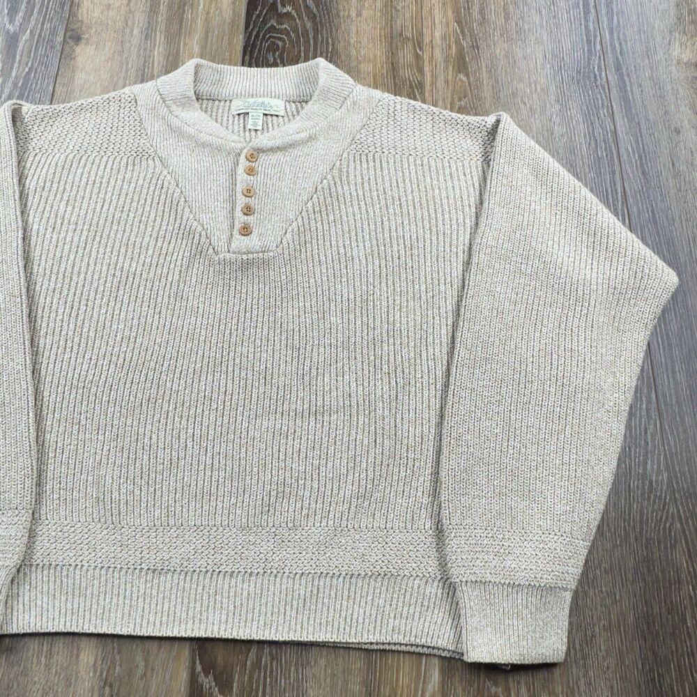 Vintage Cabelas Knit Sweater Mens XL Tan THICK 100% Cotton Camping Hiking Y2K